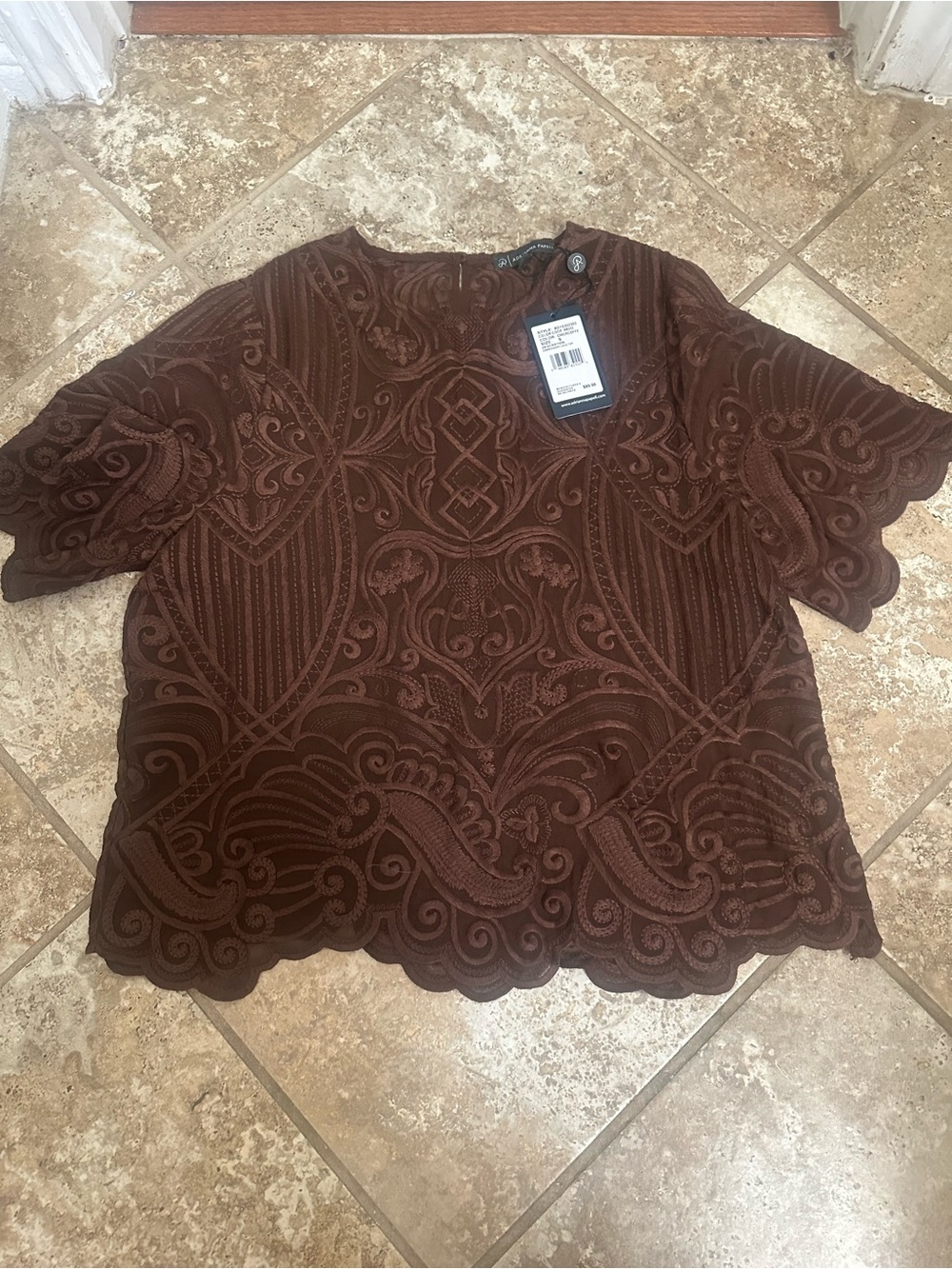 New Adrianna Papell Women's Brown Scalloped Lace Overlay Top Sz .S